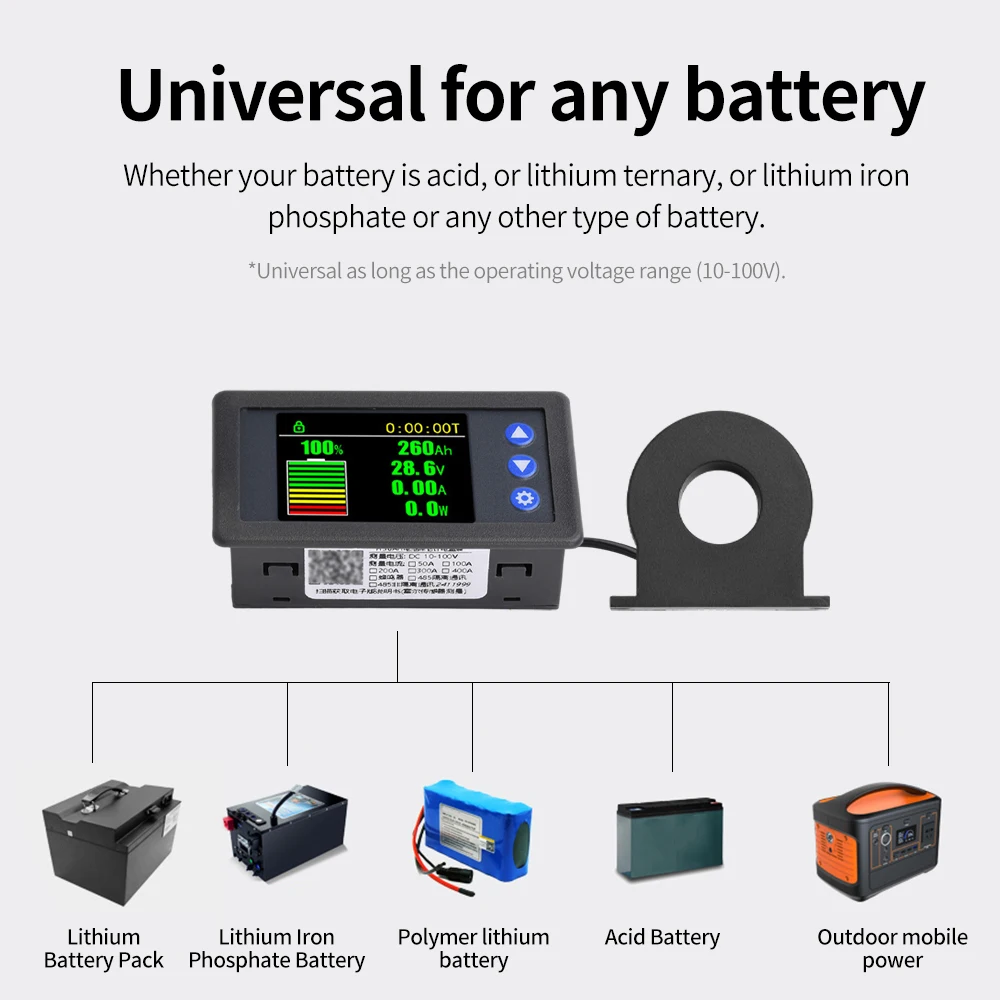 H56AH High Precision Color Screen Power Indicator Voltage Ammeter Hall Coulometer Bidirectional Current Detection DC 10~100V