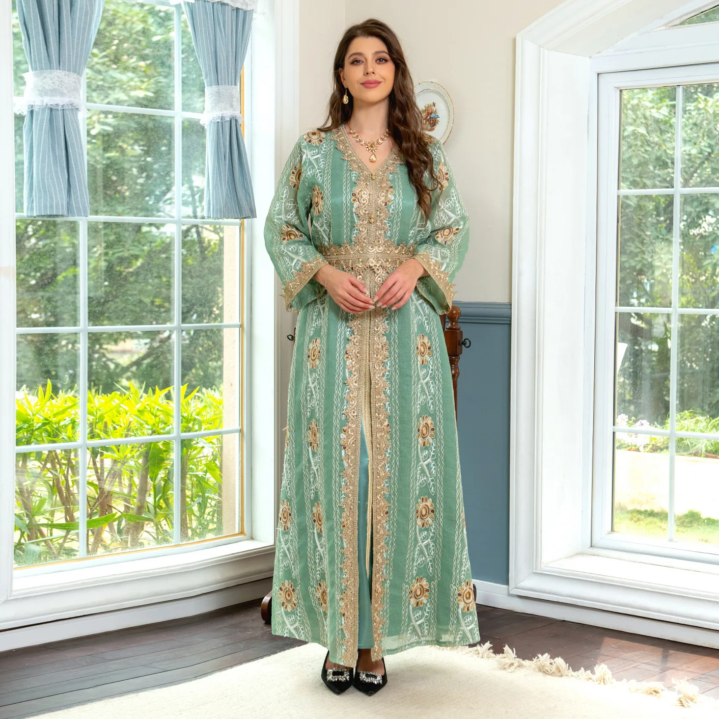 AB311 New Women's Long Muslim Dress Mesh Embroidery Spliced Satin Lining with Belt