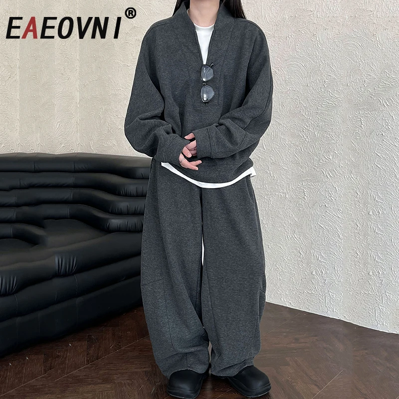 

EAEOVNI повседневный осенне-зимний женский комплект, пуловер на молнии с v-образным вырезом, толстовка, широкие брюки, модная новая одежда