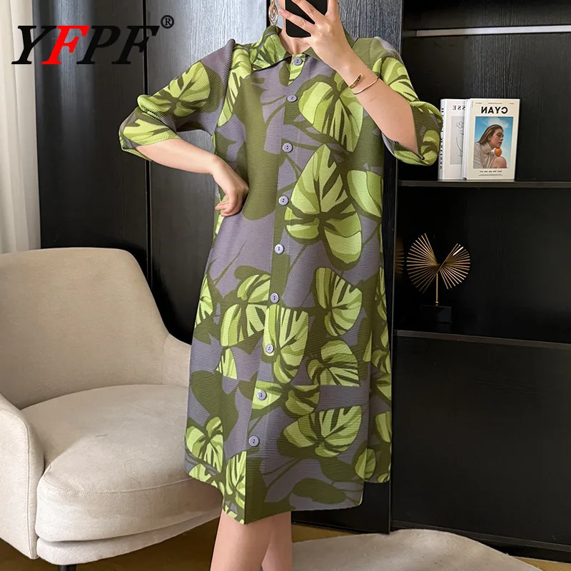 

YFPF Printing Pleated Women Dress Fashion Contrast Color Lapel Button Loose A Line Causal Clothing 2025 Summer New 3A349