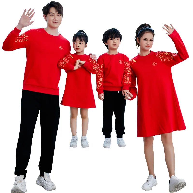 1-12 Years Girl Boy Brother Sister S-3XL Mom Dad Family Matching Outfits 2025 Chinese New Year Plus Velvet Red Sweatshirt Dress
