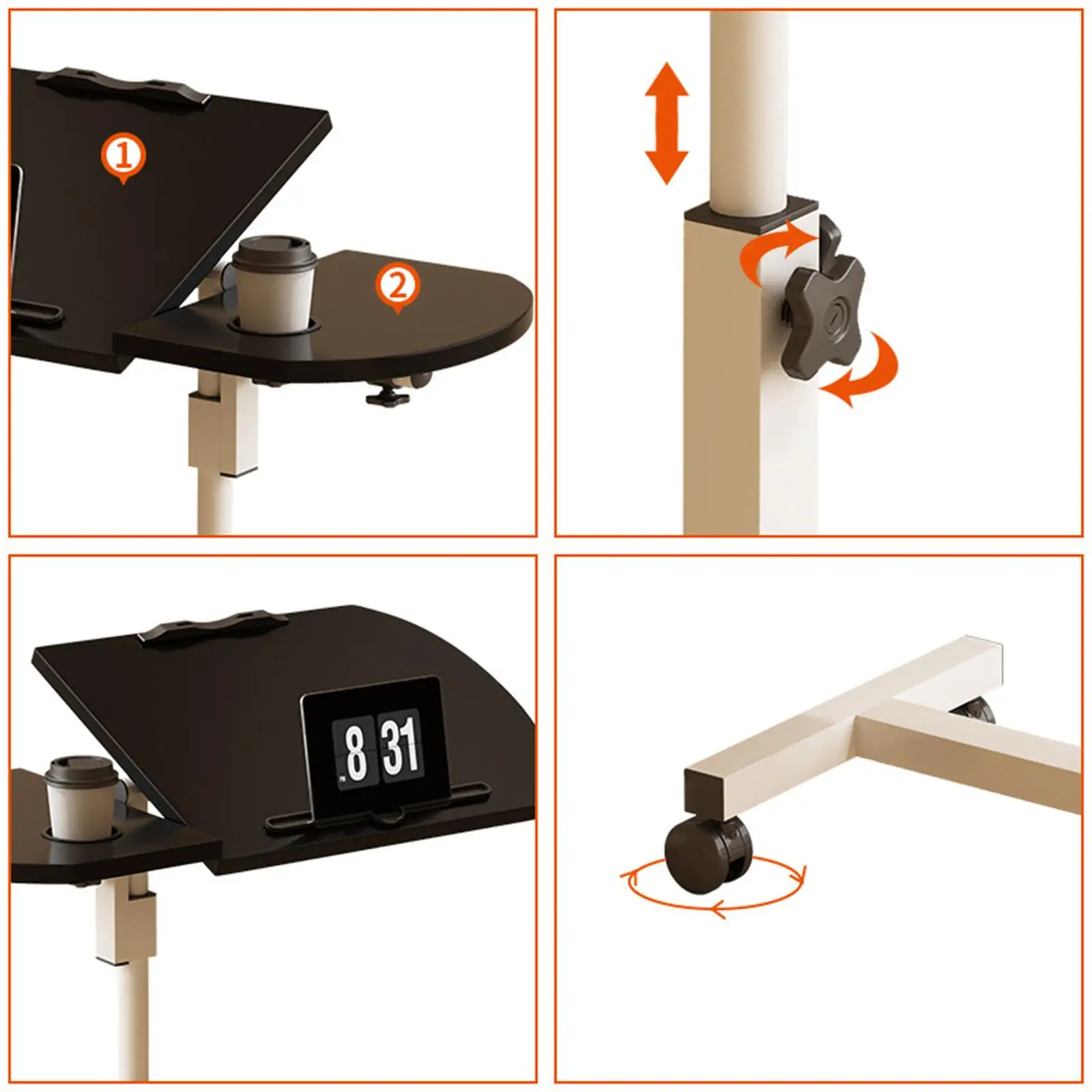 Overbed Table with Swivel Wheel Adjustable Height 60cm to 95cm H Shaped Base Mobile Standing Desk Rolling Computer Cart Office