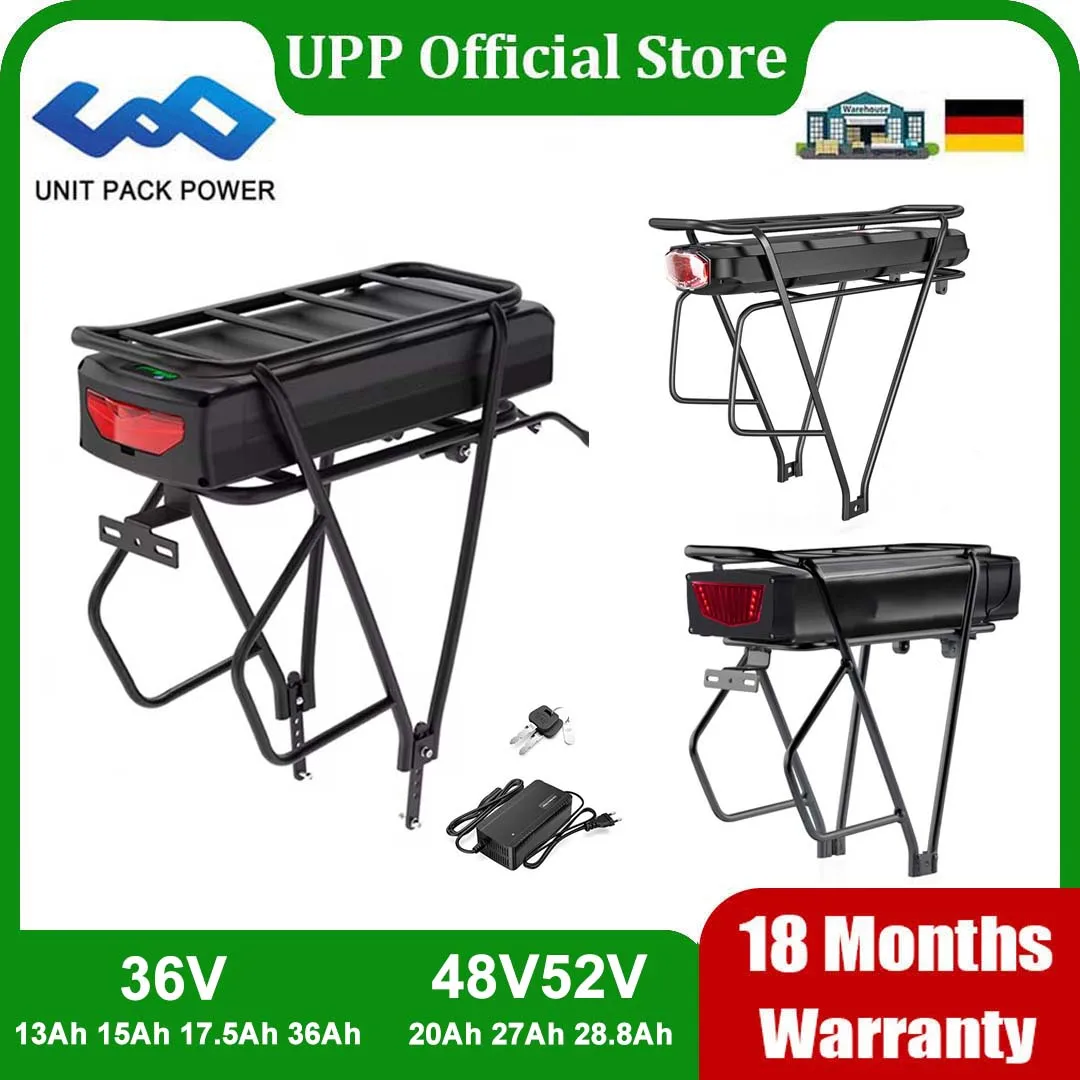 Gepäckträger-EBike-Akku 36 V 48 V 52 V 28,8 Ah 20 Ah 13 Ah 17,5 Ah 21700 18650 Lithium-Bateria-Pack für 1500 W 1000 W 750 W 500 W 350 W 250 W