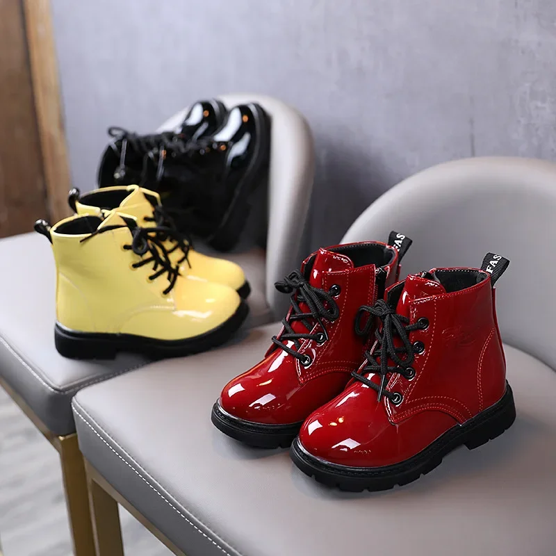 2022 Boy Shoes Children\'S Autumn Patent Leather lace Ankle Boots Baby Winter Toddler Boots Waterproof For Girl 1 2 3 4 5 6 Year