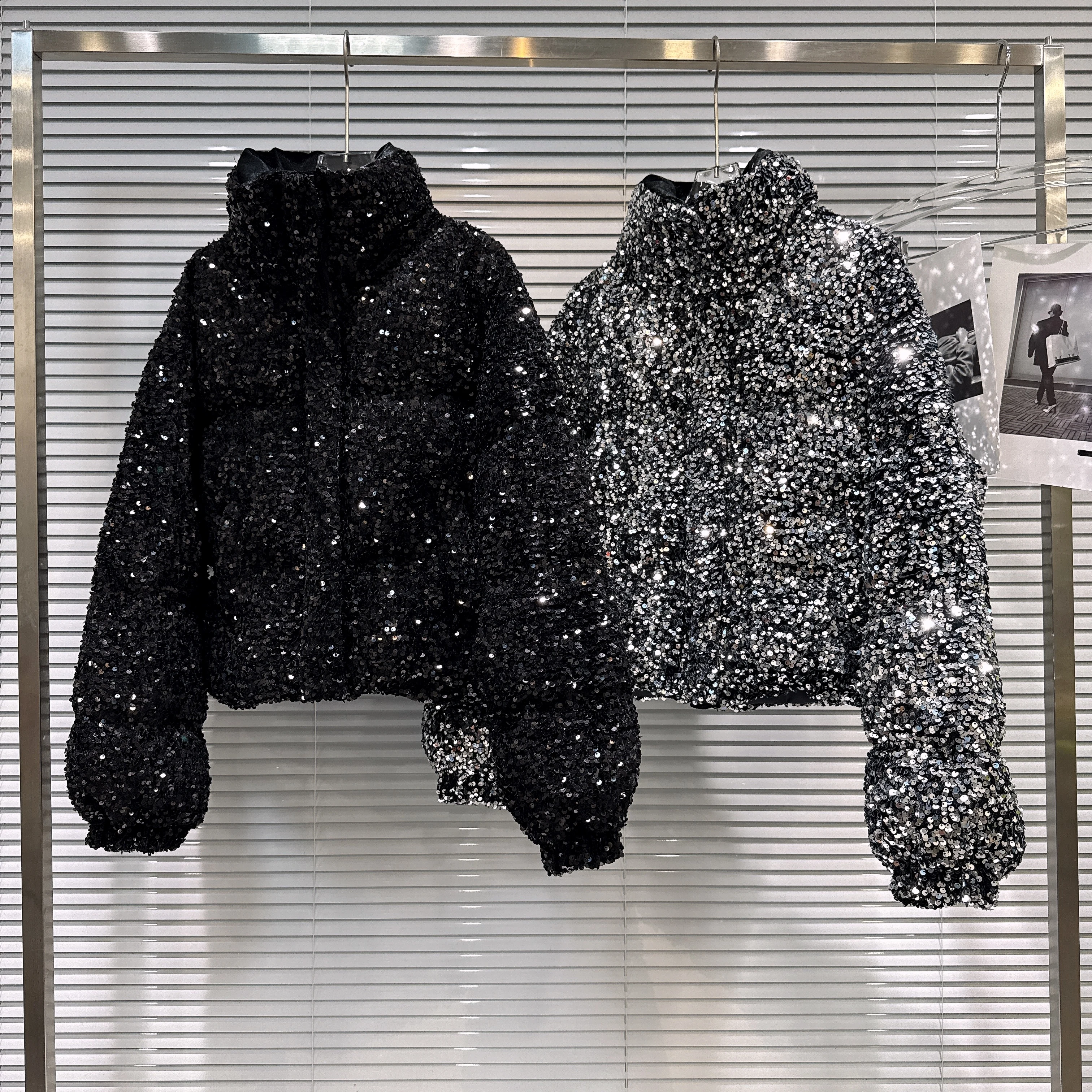 Moda francesa elegante indústria pesada colorido lantejoulas gola engrossado quente para baixo casacos feminino inverno puffer jaquetas curtas