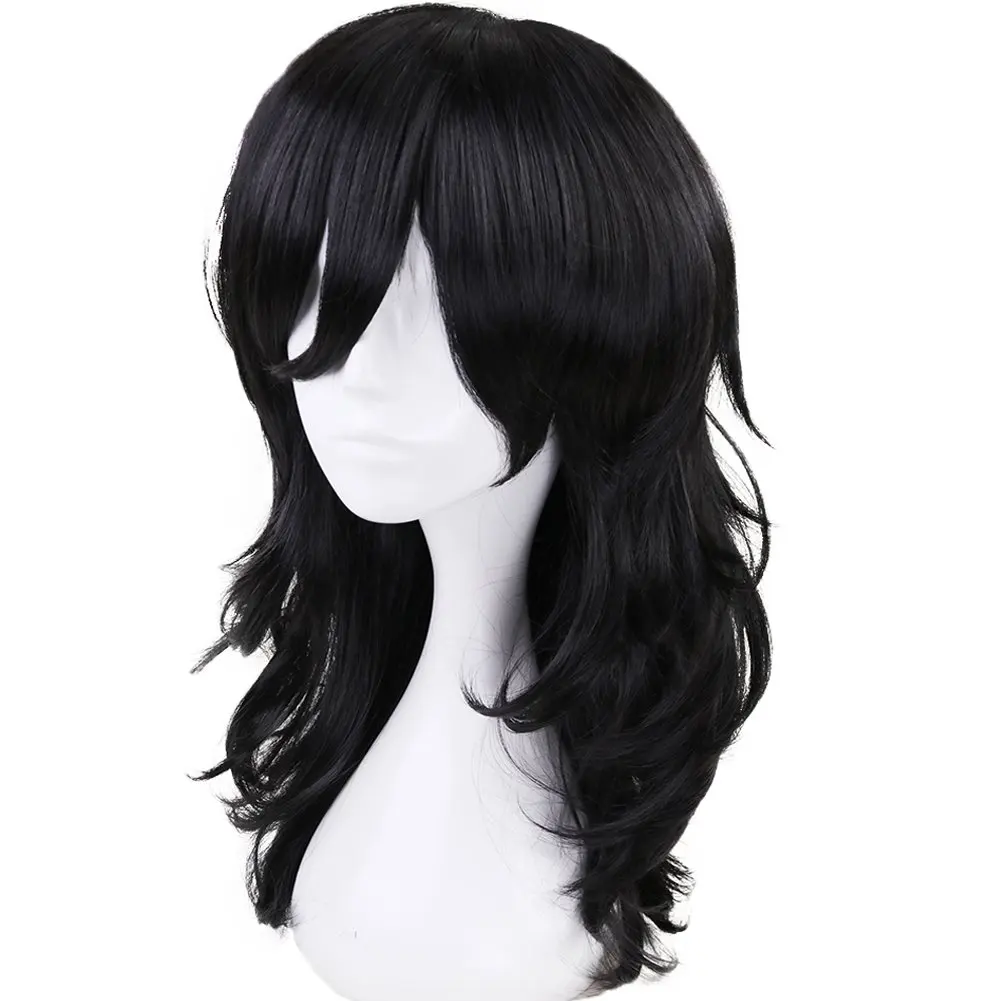 Peluca de Cosplay con flequillo largo y ondulado, pelucas negras de cabello sintético para mujeres y hombres, peluca de vestir para fiesta de disfraces de Anime para Halloween