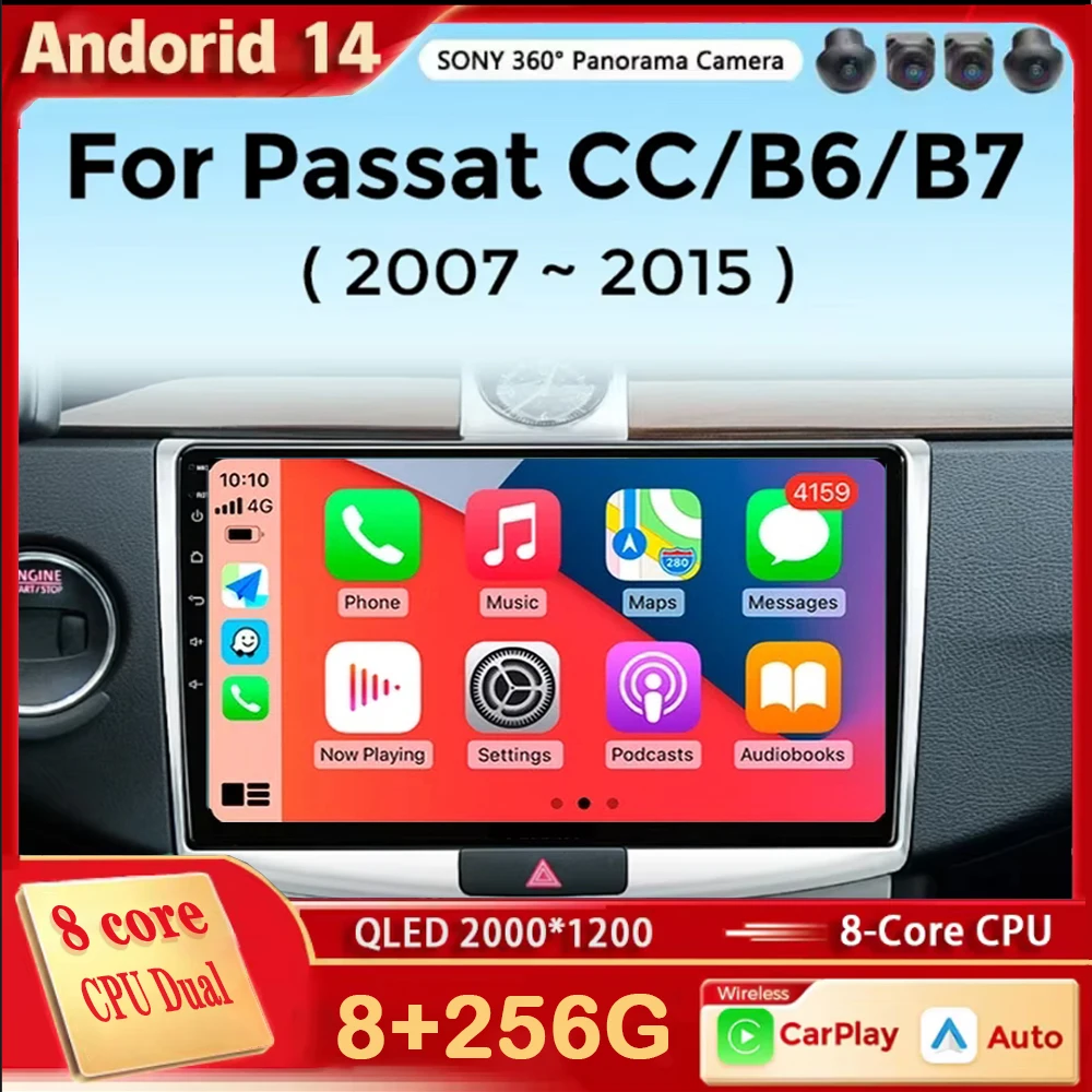 Android 14 For VW Volkswagen Passat B7 B6 CC Car Radio Multimedia Player Autoradio GPS Navigation Camera Carplay QLED 2Din DVD