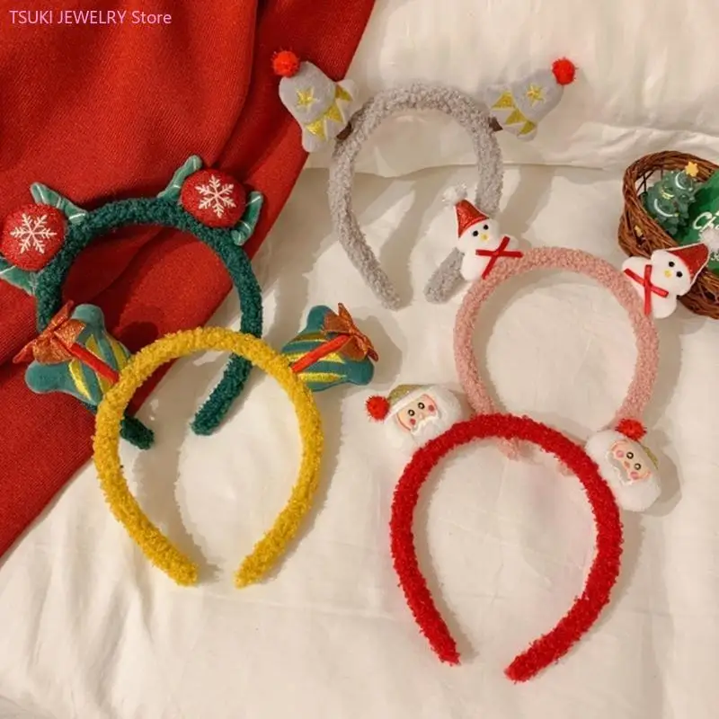 62KE 크리스마스 플러시 머리띠 헤어 후프 눈사람 헤어 밴드 크리스마스 사슴 머리띠