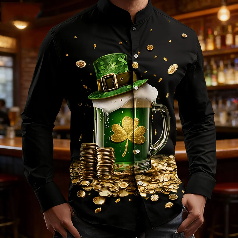 

Lucky Clover, men's long sleeved shirt, fashionable trend, loose top, casual and comfortable