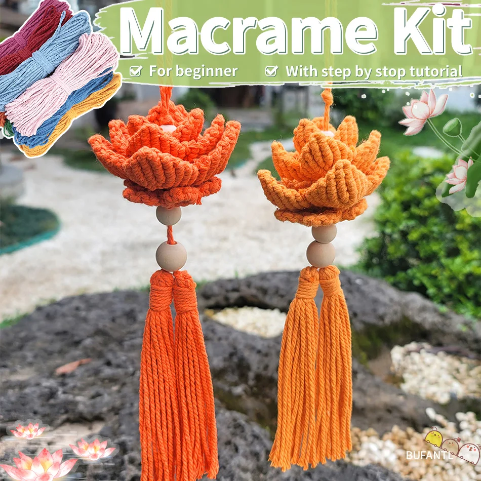 1 set of lotus wall hanging macrame kit with step-by-step tutorials for beginners, DIY craft supplies.