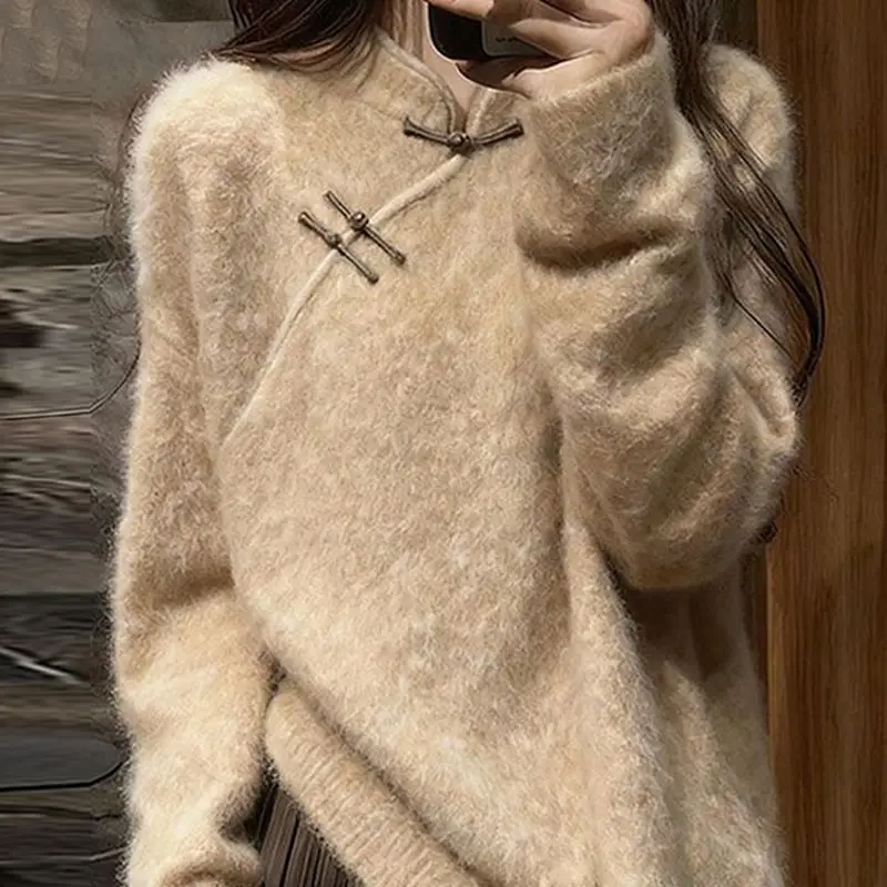 

Slimming Large Size Chinese Sle Button up Stand Collar Sweater Autumn Winter Soft Plu Loose Fit Casual Knitted Top