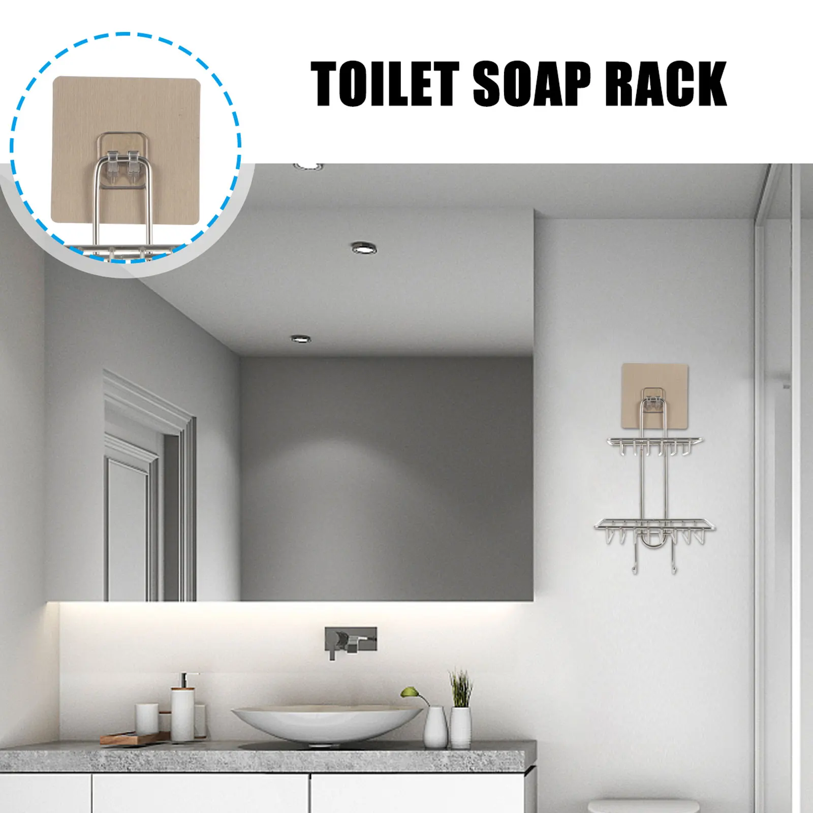 

Stainless Steel Soap Holder Storage Rack Bathroom Shelf Punch Free Suction Wall Mount Silver Large Capacity Hollow Design