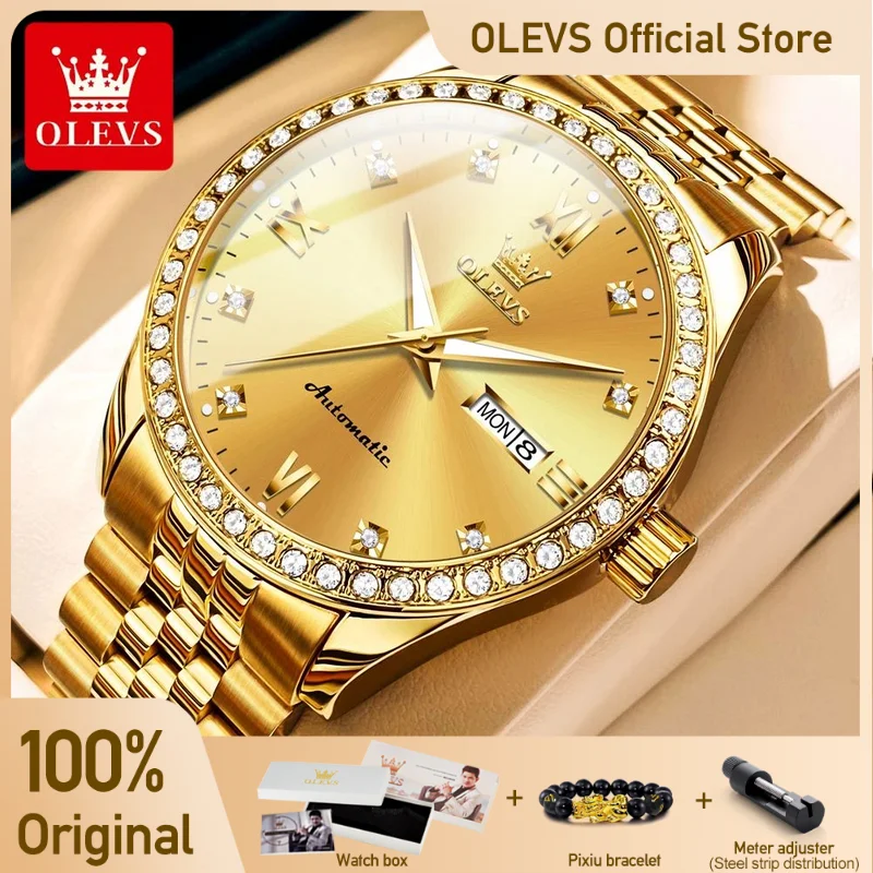 

OLEVS Men's Watches Business Original Automatic Mechanical Wristwatch Waterproof Fine Steel Luminous Calendar Week Zircon Bezel