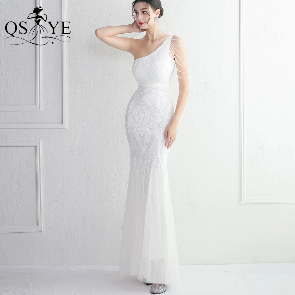 

One Shoulder White Wedding Dresses Glitter Sequin Lace Bridal Gown Beading Straps Bride Dress Pattern Lace Wedding Marriage Gown