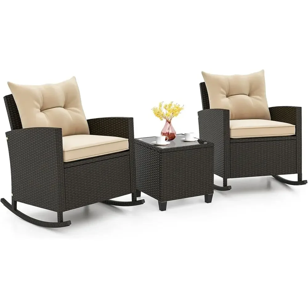 3-Piece Outdoor Wicker Rocking Bistro Set with Glass Table, Suitable for Porch, Balcony, Deck, Poolside (Mix Brown-Beige)