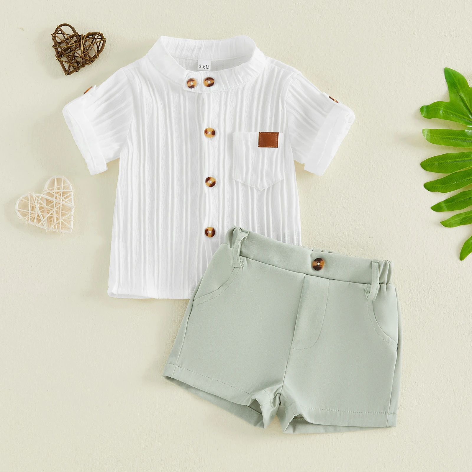 Baby Boys Summer Outfits Striped Button up Short Sleeves T-Shirt and Elastic Shorts Set for 2 Piece Clothes