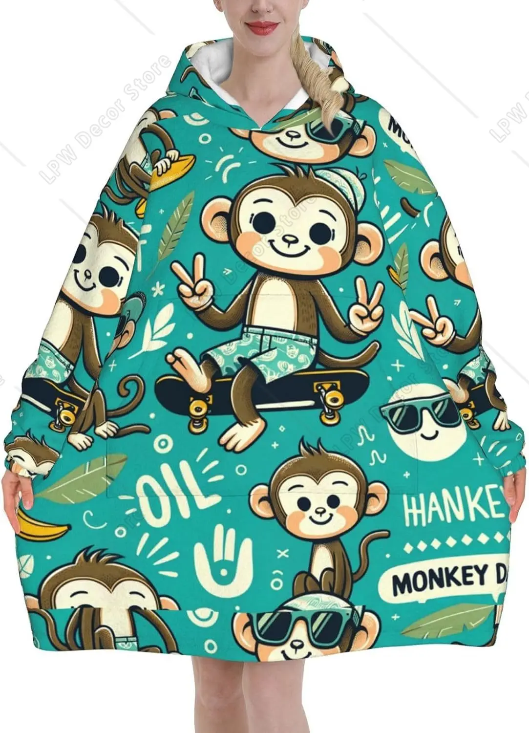 Oversized Flannel Wearable Blanket Hoodie For Adult Monkey Cool Delightful Gesture Soft Fuzzy Hooded Lounging Pullover