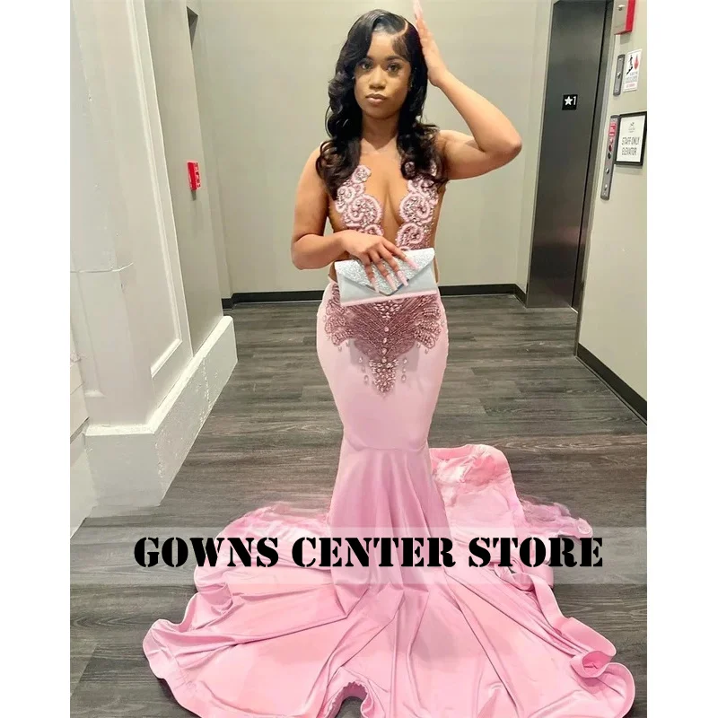 

Luxury Pink Mermaid Prom Dresses Black Girls Beading Crystal Rhinestones Evening Dress Party Gowns Birthday Customized