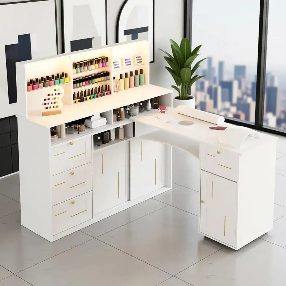 

L-Shaped Manicure Table with Dust Collector, LED Light, Glass Rack, and Storage Cabinet for Home Spa Nail Station, White