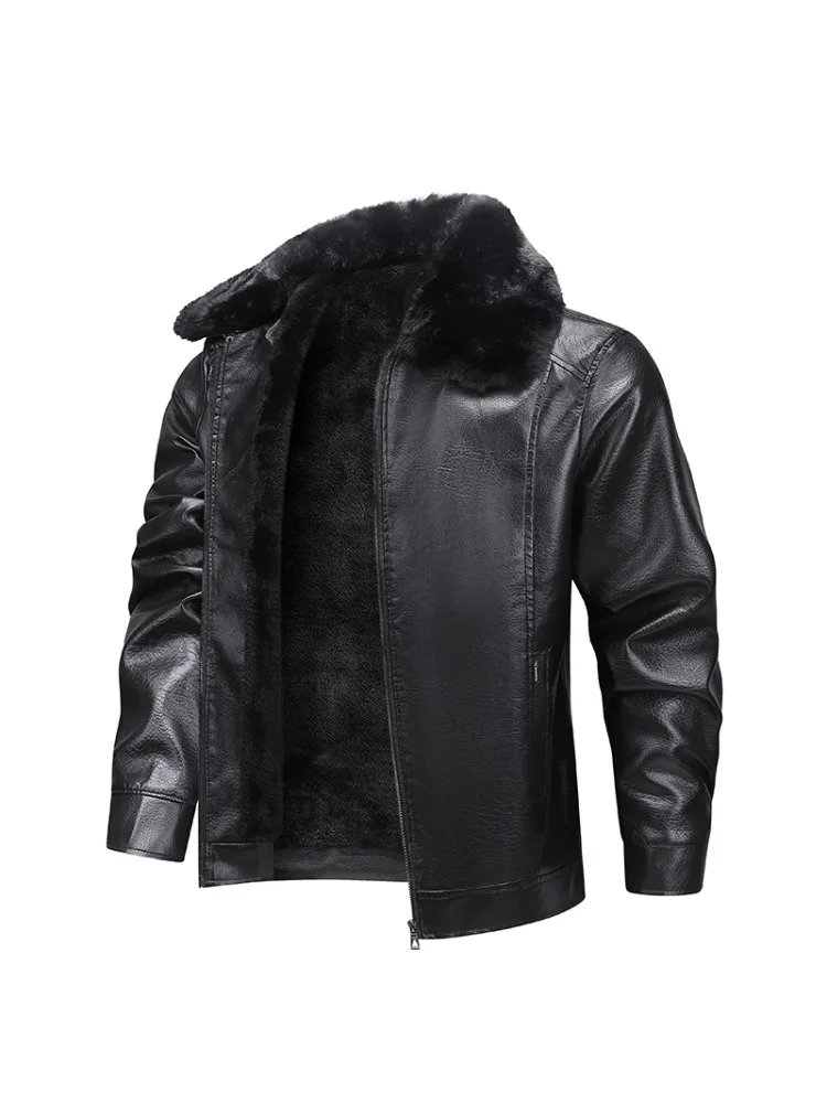 

Winter Men Motor Biker Leather Jacket Vintage Formal Fashion Leather Windbreaker Man Lapel Thick Outwear Leather Coat Man
