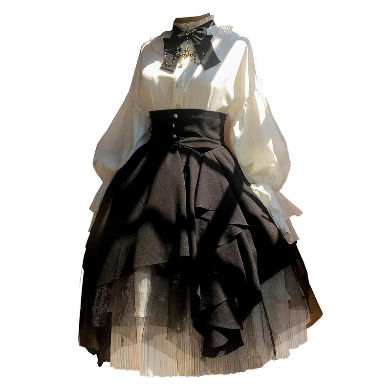 فستان لوليتا القوطية نون قميص بحزام مكون من قطعتين مع فستان بأكمام طويلة وأكمام طويلة.