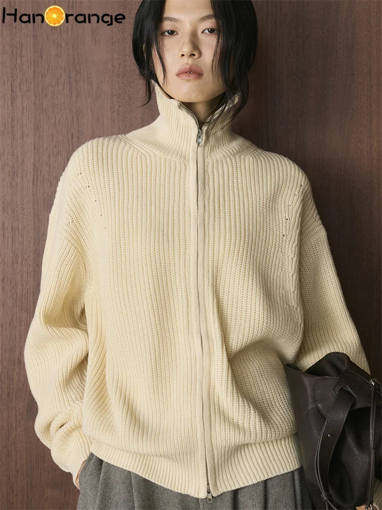 

HanOrange 2025 Winter Simple Turtleneck Zipper Pit Strip Knitted Cardigan Women Comfortable Warm Top Off White/Milky Yellow