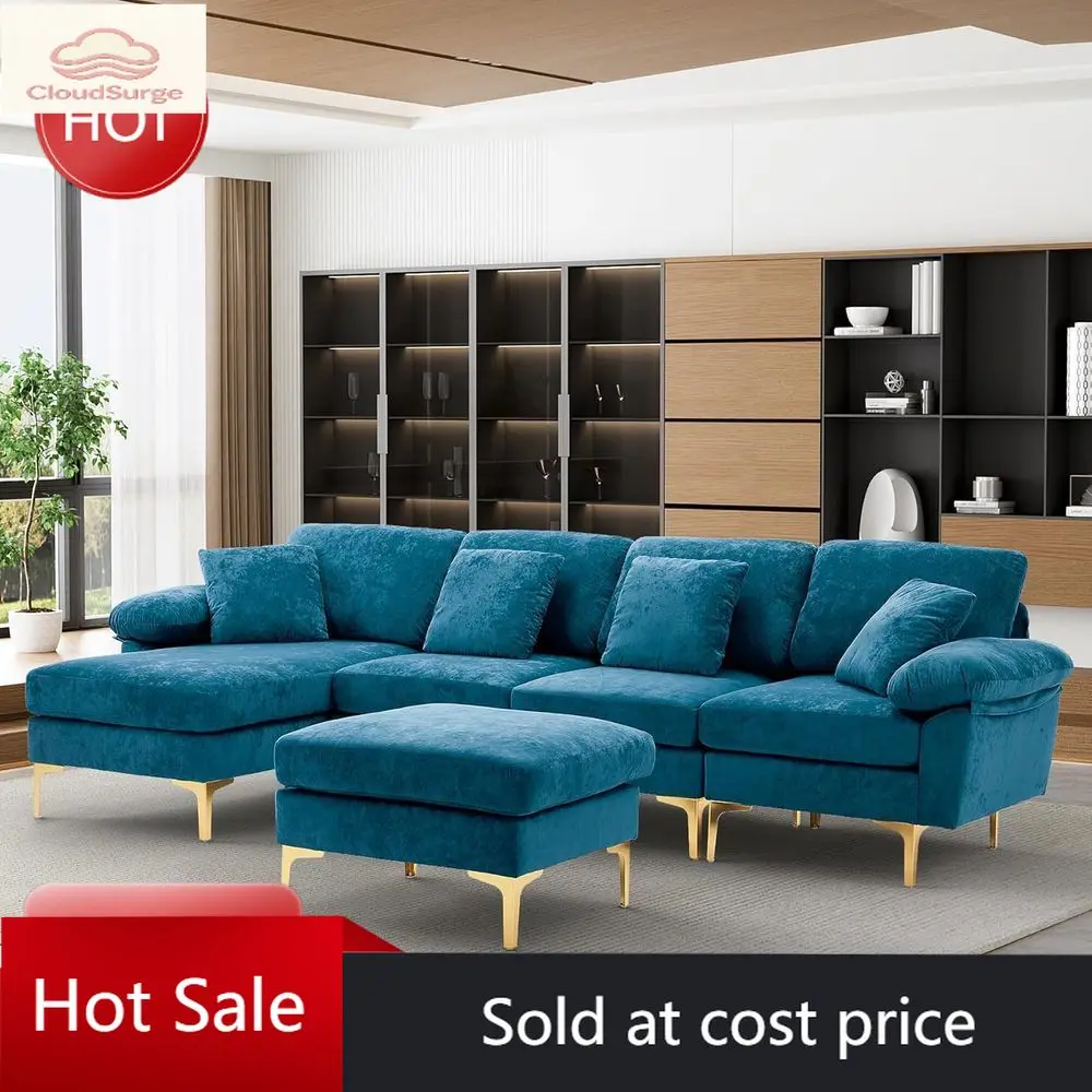 Promoción por tiempo limitado: Sofá convertible de terciopelo en forma de L con chaise longue, otomana, 4 asientos, juego de sala de estar azul verde oliva de 114 pulgadas