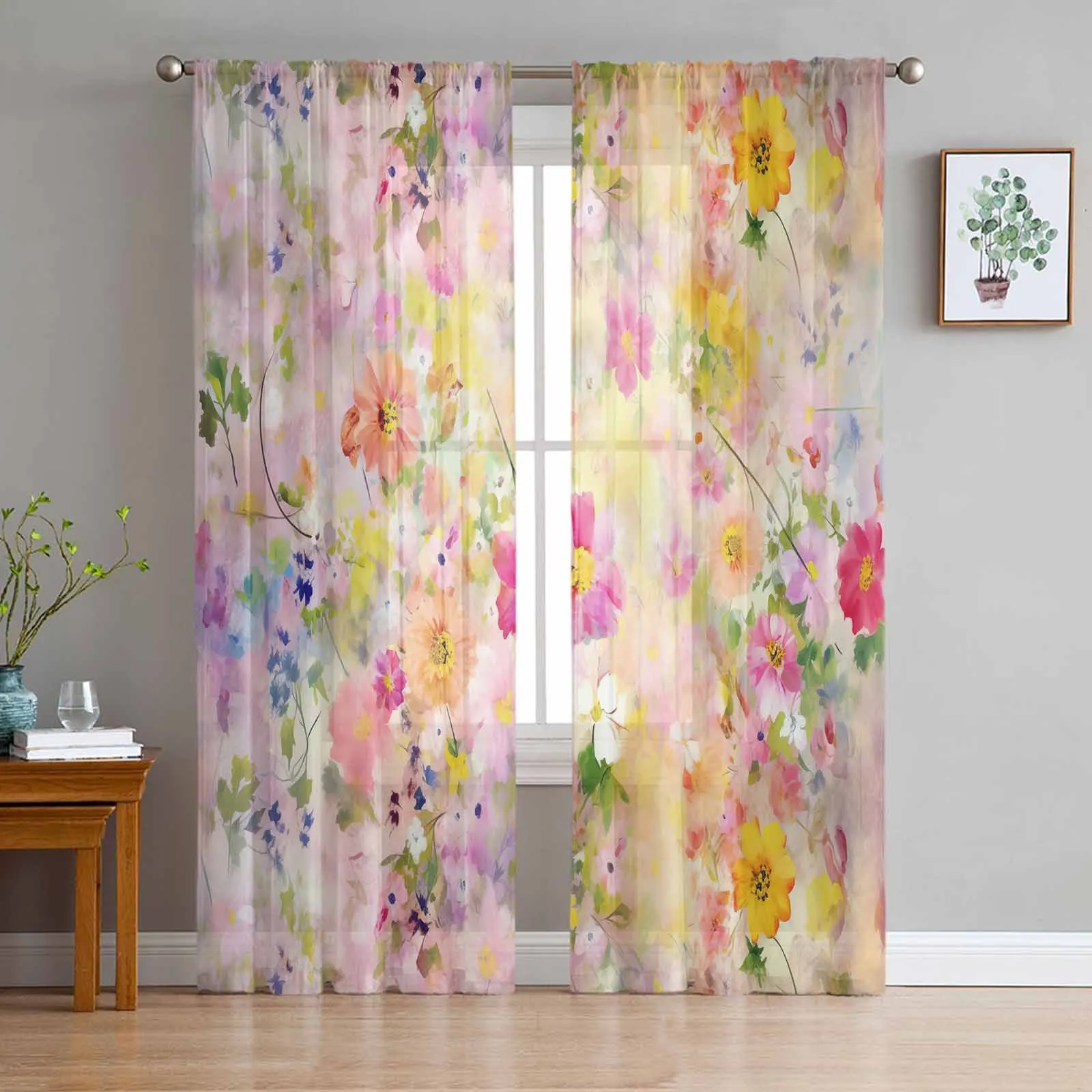 Flower Wallpaper Daisy Curtains For Living Room Bedroom Kitchen Decoration Window Tulle Curtain