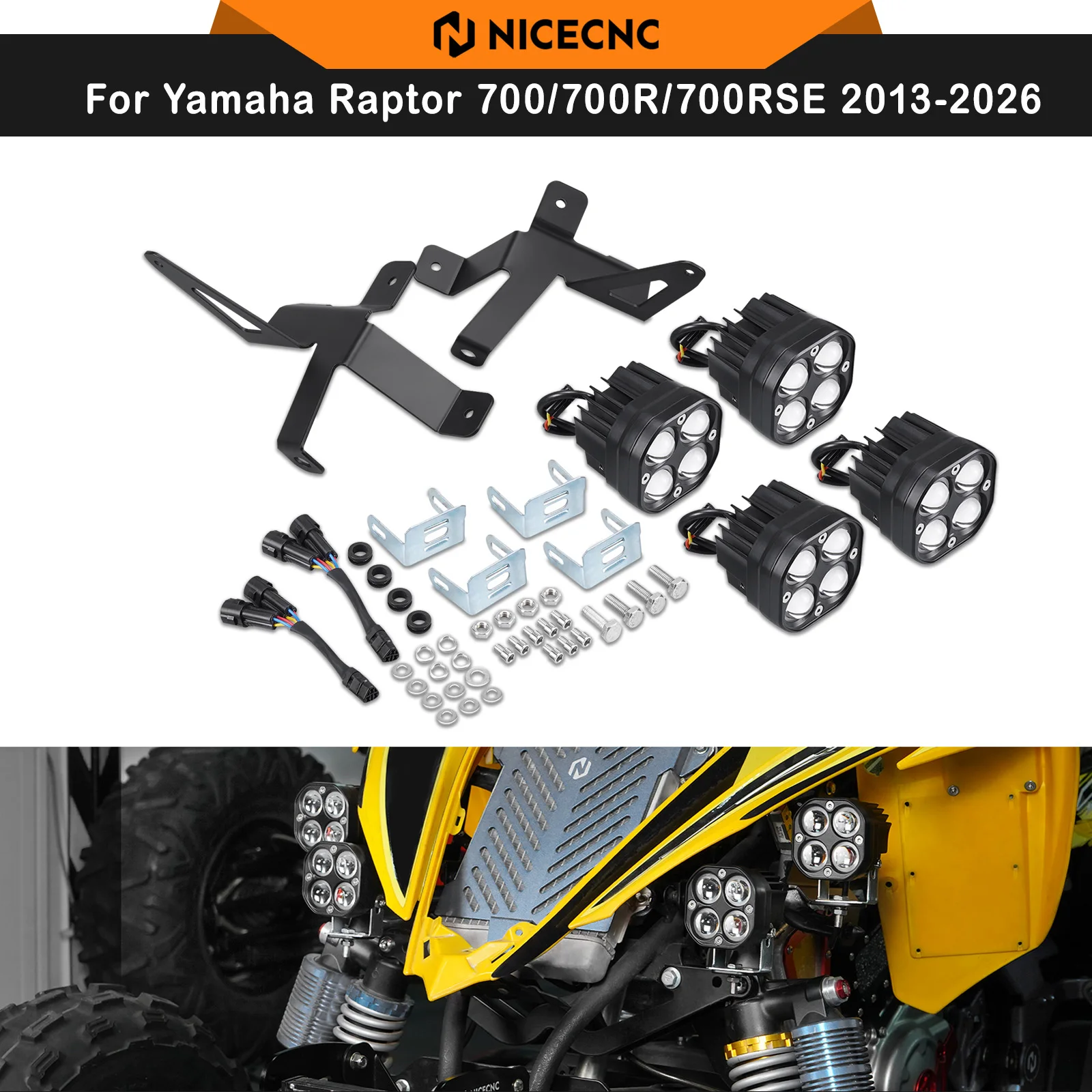 NICECNC For Raptor 700 4PCS ATV Front Work Lights For Yamaha Raptor 700/700R/700RSE 2013-2026  Replaces 1PE-F1513-01-00 2000LM