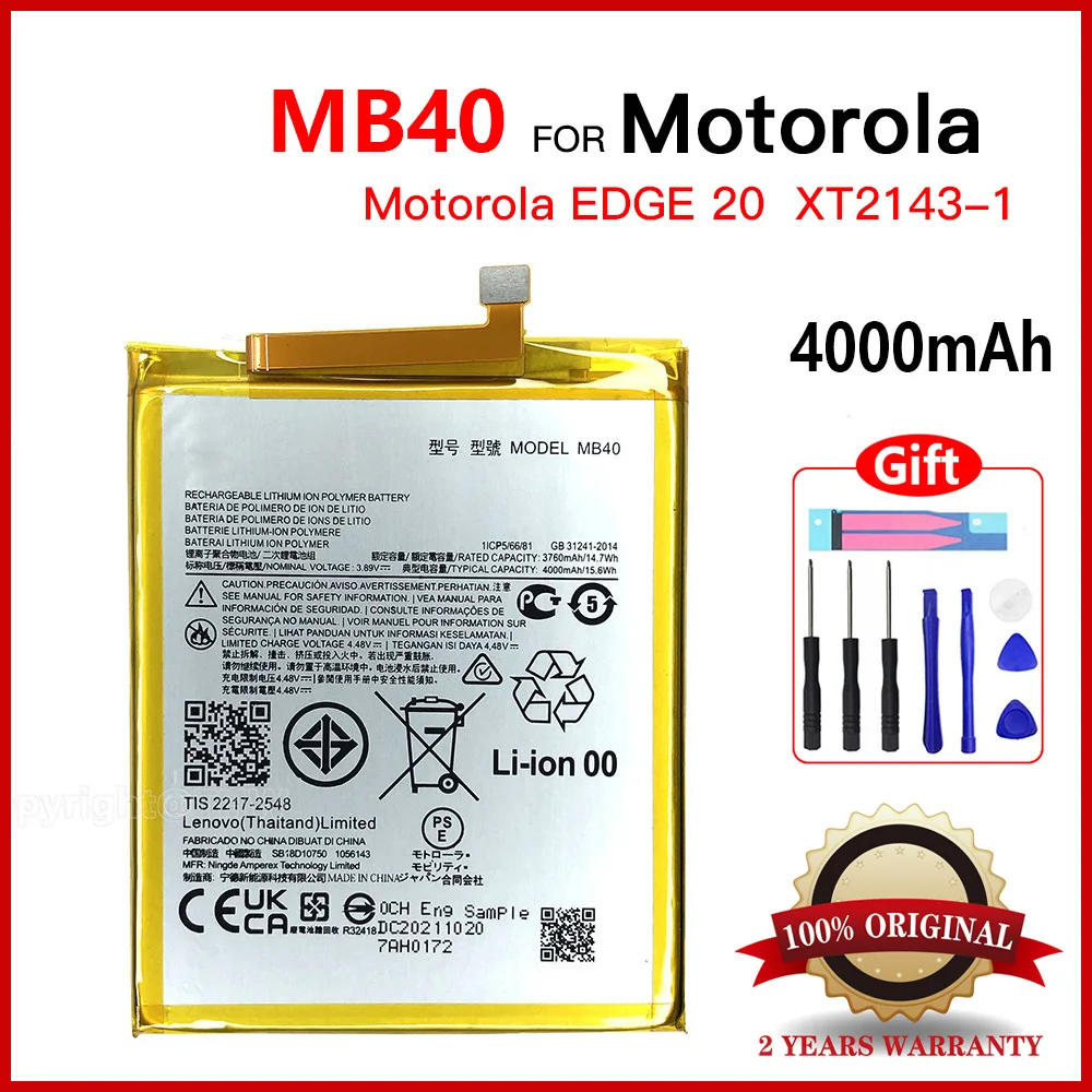 Genuine New 4000mAh MB40 Mobile Phone Battery For Motorola Moto Edge 20 XT2143-1 SB18D10750 mobile phone Batteria Batteries