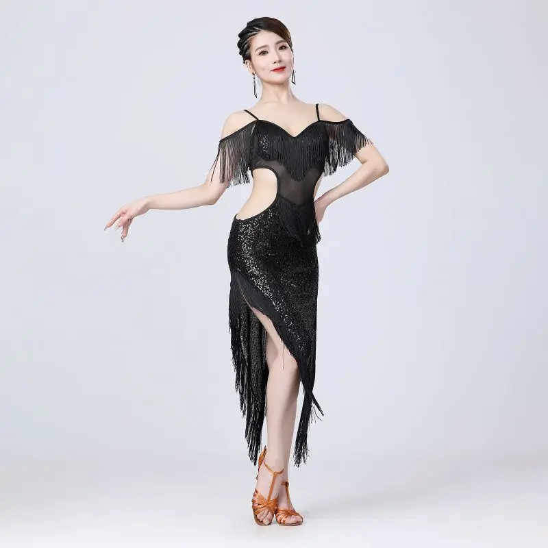 

Fashion Sequins Latin Dancing Dress for Women Tassels Performance Training Dress for Party Match