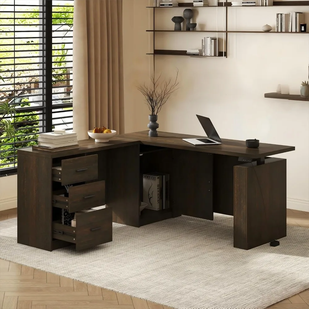 

L-Shaped Electric Standing Desk, 63” x 63” Height Adjustable Executive Desk, Corner Computer Table with File Drawers Cabinet