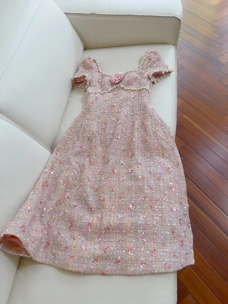 

Ele Pearl Pink Floral Print Woolen Dr Square Collar Birthday Wedding Gown High Waist A-Line Skirt ort Sve Gown