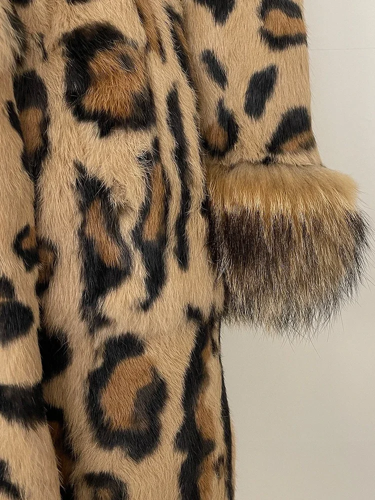 Women Fashion Autumn Winter Leopard Print Clothing Long Fox Collar Fur Jacket One-piece Thick Warm Real Rabbit Fur Jacket