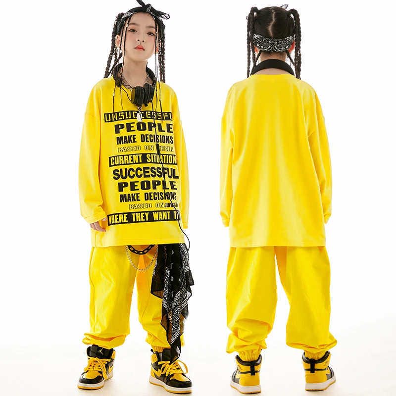 Bambini giallo a maniche lunghe pantaloni larghi vestito per ragazze Jazz abiti da ballo ragazzi moderni Hip Hop Performance Stage Wear DN16114