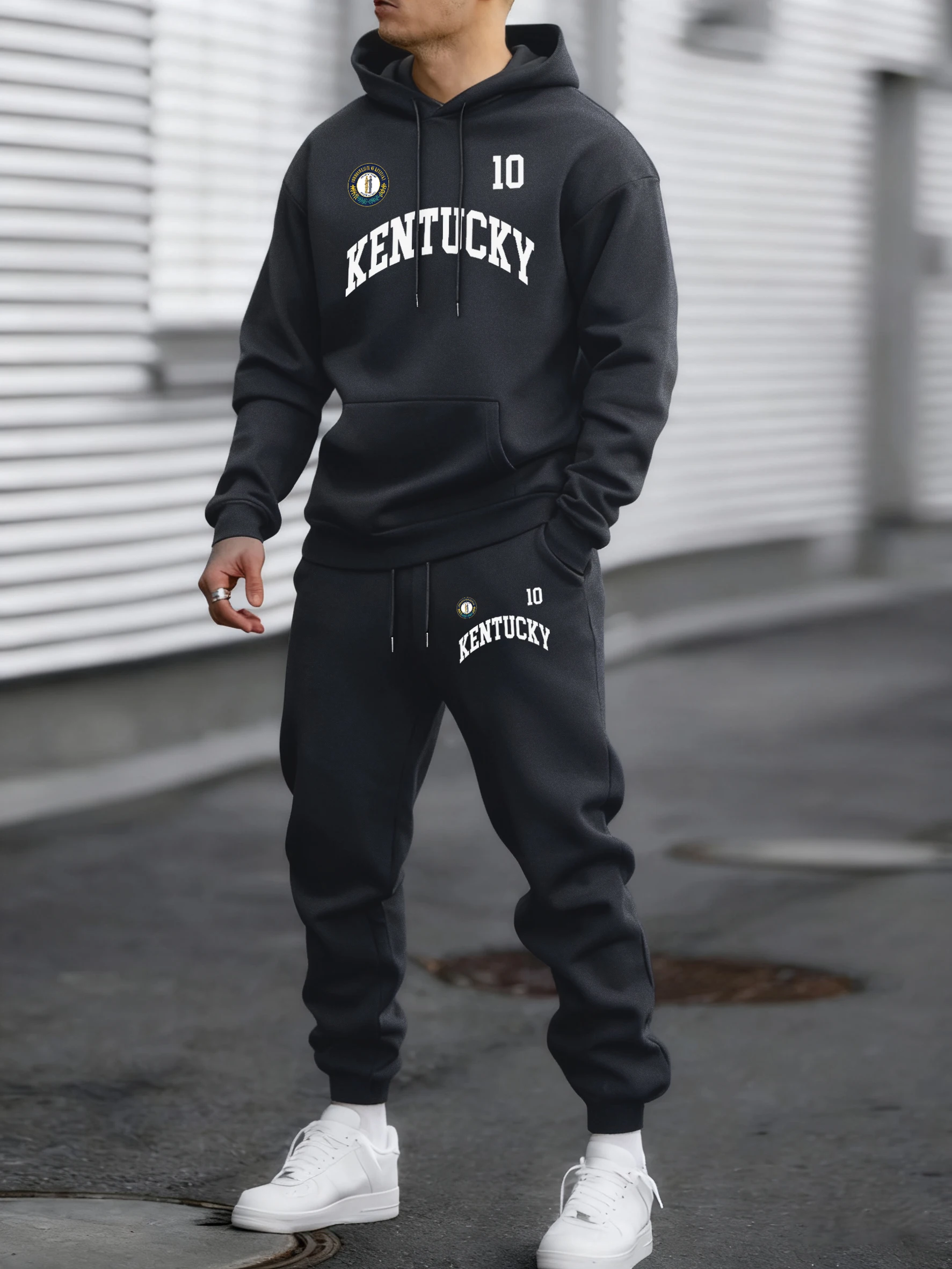 

Kentucky Emblem Print Winter Fleece Hoodie Sportpants Set Men Warm Jogging Streetwear Comfy Street Pants Daily Casual Clothes