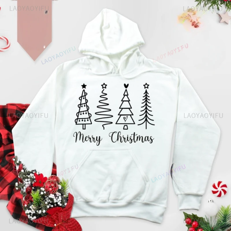 Merry Christmas Woman Wine Red Sweatshirt Simple Linear Christmas Tree Graphic Hoodie Autumn Winter Drop Shoulder Warm Hoody