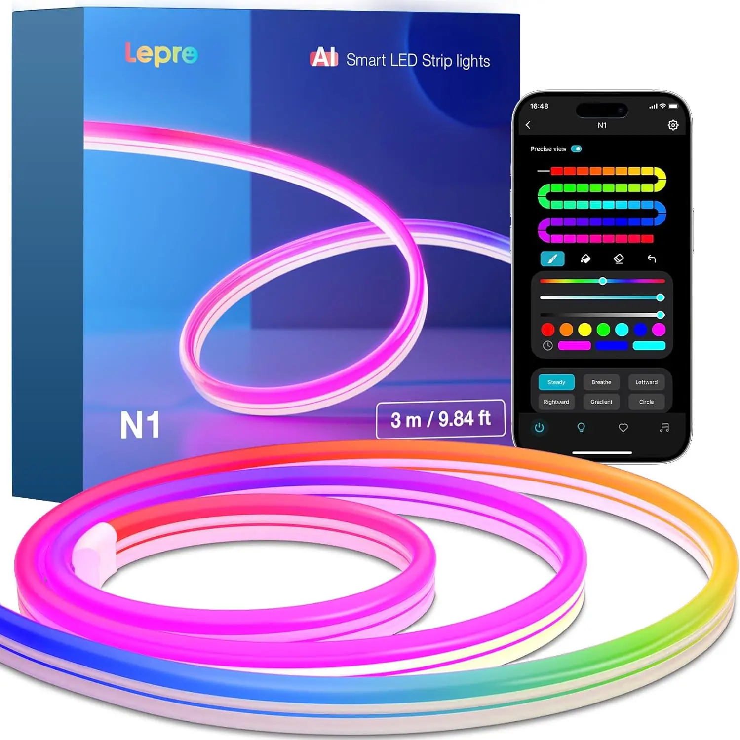 Smart RGB Rope Lights with AI Designer, Music Sync, Voice Control via App, 9.84ft Wi-Fi & Bluetooth LED Strip