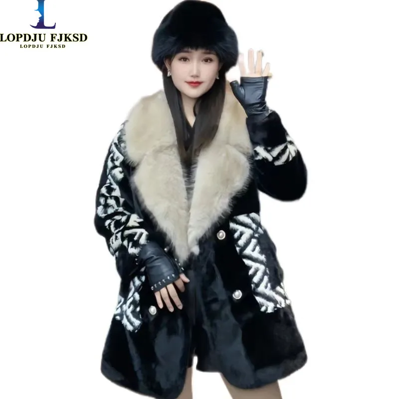 

Faux Fur Coat for Women,Fox Fur Collar ,Double Breasted Jacket, Loose Thicken Warm Overcoat, Female Clothes, Winter,New