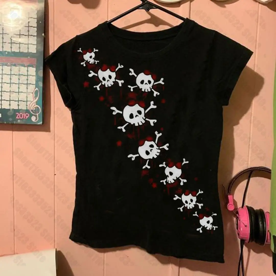 2000s Vintage Goth short-sleeve Y2K style aesthetics female harajuku baby Tees women Clothes slim Punk Emo girls short crop tops