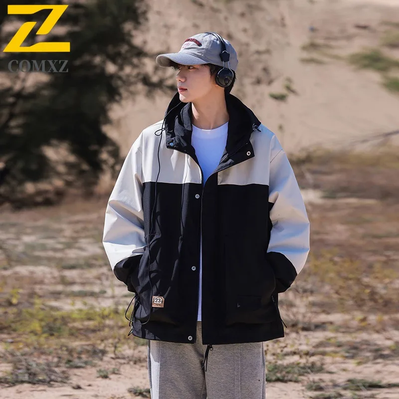 

COMXZ 2025 Spring Waterproof Hooded Workwear Large Pocket Patchwork Fashion Casual Jacket outdoor sports lightweight windbreaker