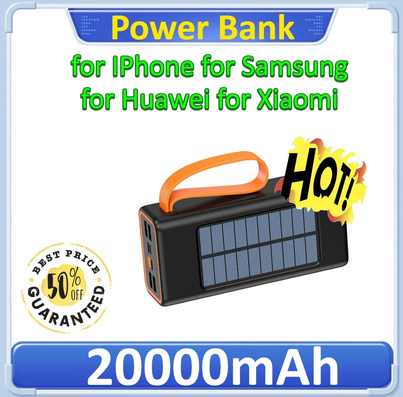 

Solar Powered Outdoor Portable Fast Charging Power Bank Portable External Battery Charger for IPhone/Samsung/Huawei 20000mAh