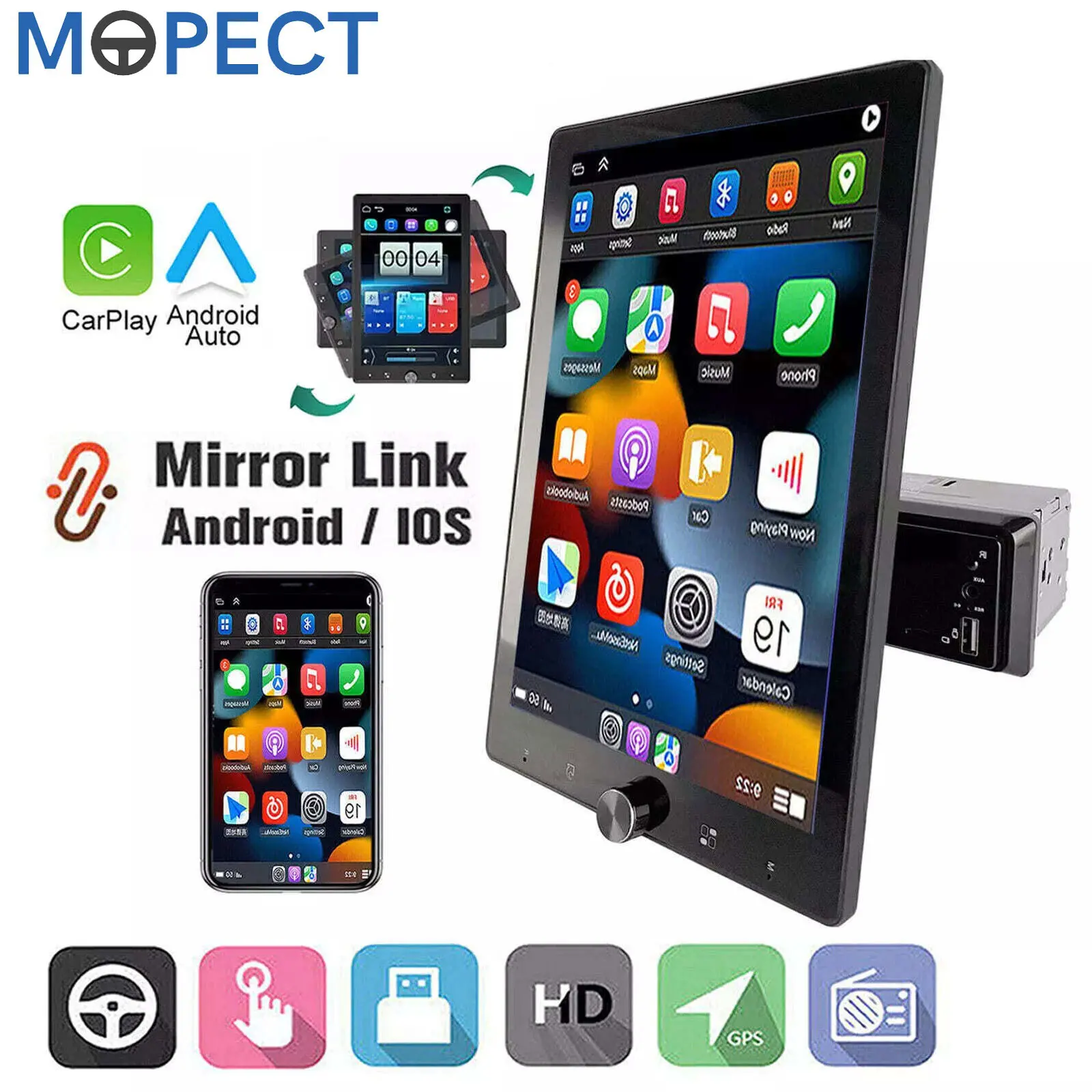 MOPECT 10,4 Zoll drehbarer IPS-Touchscreen 1 Din Universal Wireless Apple Carplay Android Auto Autoradio Androidauto Stereo Multimedia-Videoplayer Smart Intelligent Systems GPS-Navigation Head Unit