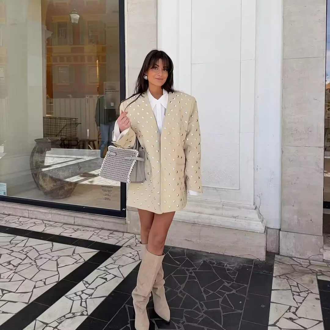 Cream V Neck Open Front Blazer Silver Round Sequin Decor Long Sleeve Patch Pockets Loose Casual Streetwear Suit Jacket 260701