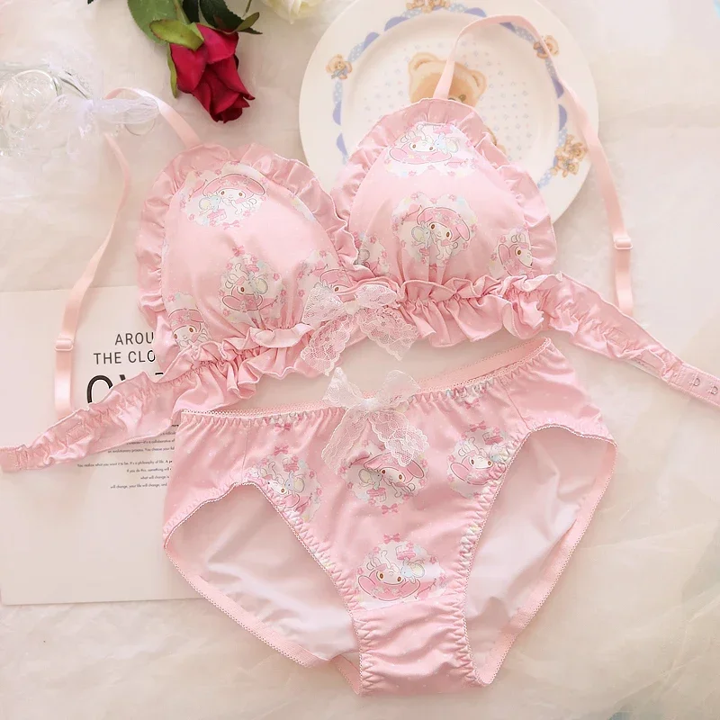 Lolita donna carino latte volant Anime stampa reggiseno e mutandine Lingerie Set ragazza giapponese reggiseni slip intimo bella rosa reggiseno Set