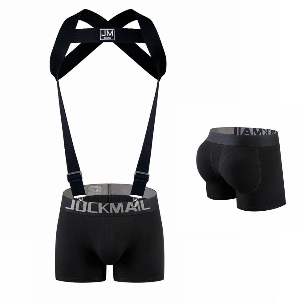 

JOCKMAIL Body Harness Adjustable Elastic Strap Detachable Split-type Give Away Padded Men Underwear Boxer Cotton Black Sets