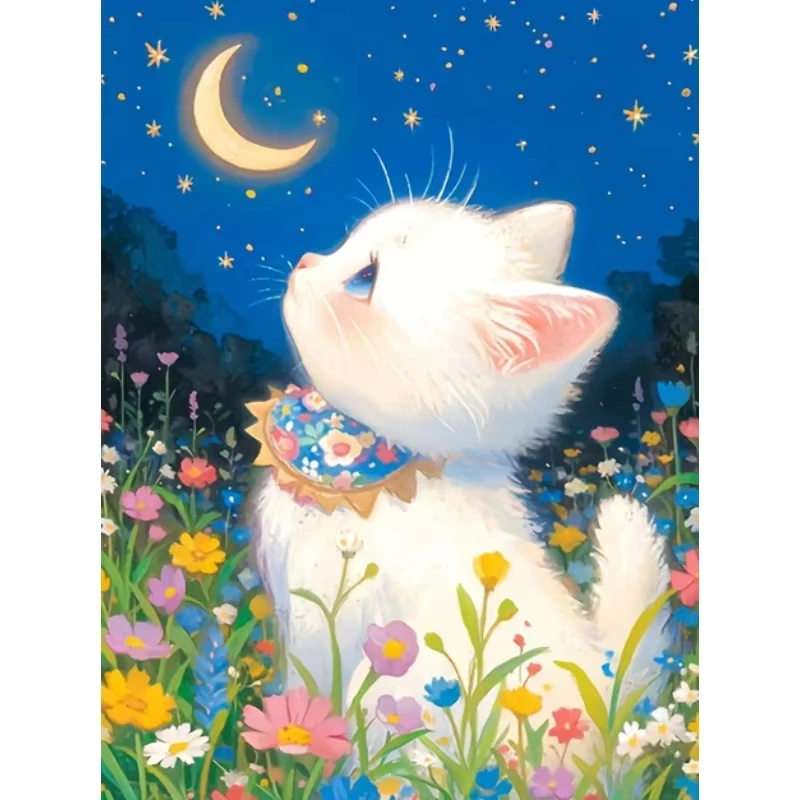 5D DIY Diamond Painting Kit White Kitten Crescent Moon Starry Art Full Drill Rhinestone Mosaic Wall Decor Craft Kit Home Gift
