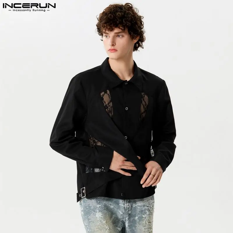 

INCERUN Men Shirt Lace Patchwork Lapel Long Sleeve Button Casual Male Irregular Shirts Streetwear 2024 Fashion Camisas S-5XL