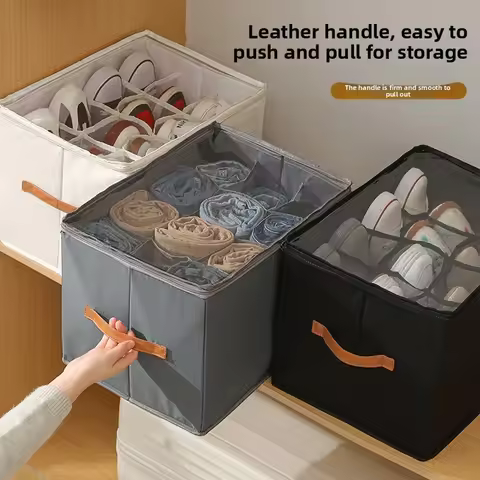 Multifunctional Grid Storage Shoe Box Cross-border Foldable Fabric with Cover Dustproof and Washable Sundries Storage Box