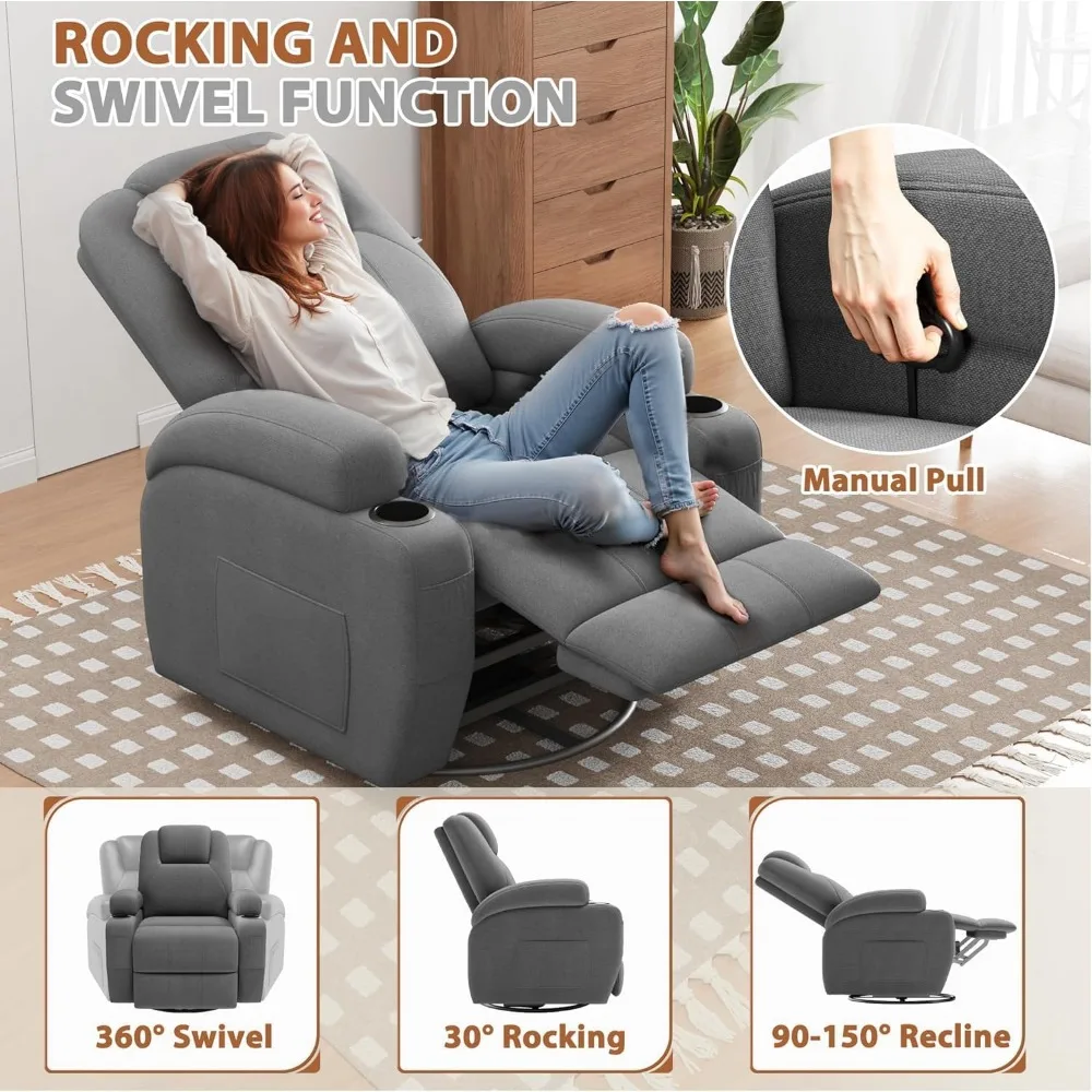 Ergonomic Swivel Rocker Recliner with Vibration Massage for Adults - 360° Rotation Lounge Chair
